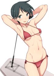 armpits arms_up bikini black_hair blush cowboy_shot dark_hair female female_only grey_eyes kantai_collection kumadano looking_at_viewer mogami_(kantai_collection) open_mouth red_bikini short_hair small_breasts solo sweatdrop swimsuit very_short_hair