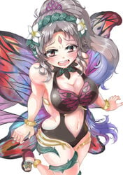 1girls alternate_costume bare_midriff black_swimsuit cleavage collarbone fairy fairy_wings fire_emblem fire_emblem_heroes flower grey_hair hair_flower multicolored_hair nervous nintendo one-piece_swimsuit open_mouth plumeria_(fire_emblem) plumeria_(summer)_(fire_emblem) pointy_ears ponytail red_eyes sandals sideboob solo solo_female swimsuit very_long_hair violet_migu18 white_background white_flower wings