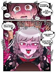 1girls 2boys bent_over big_breasts blush braided_hair caught caught_in_the_act cheating comic crying cum_on_legs danganronpa danganronpa_2:_goodbye_despair english_text female from_behind front_view fuyuhiko_kuzuryuu glasses happy_sex heart heart-shaped_pupils human implied_impregnation instant_loss_2koma mackgee male muscular_male netorare pekoyama_peko rough_sex sex small_penis_humiliation smooth_skin straight sweat tears text tongue_out torn_clothes torn_pantyhose