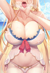 1girls armpits beach big_breasts blowjob breasts collarbone drool fellatio huge_breasts large_breasts long_hair meion oral orange_hair panties pecorine princess_connect! princess_connect!_re:dive ribbon saliva see-through see-through_penis sweat throat tongue_out