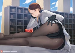 androgynous big_ass black_pants blue_sky brown_eyes brown_hair coat female gem gloves hertro houseki_no_kuni land_of_the_lustrous looking_at_viewer pantyhose rutile_(land_of_the_lustrous) short_hair tie unamused