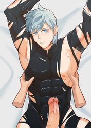 1boy 2021 abs_visible_through_clothing armpit_hair armpits arms_above_head bara blue_eyes bodysuit disembodied_hand erection fate/grand_order fate_(series) looking_at_viewer male_focus male_only muscular muscular_male nipples oliva_(pixiv35906175) pecs penis percival_(fate) precum_drip simple_background solo torn_bodysuit veiny_penis white_hair