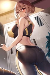 1girls ass big_ass big_butt changing_room female female_only gym leggings locker_room looking_at_viewer looking_back my_teen_romantic_comedy_snafu orange_hair smile solo solo_female sports_bra sportswear sweat sweatdrop xe_(execut3r) yoga_pants yuigahama_yui's_mother