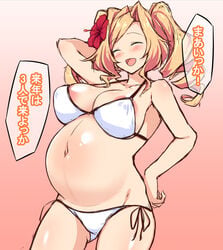 areola_slip big_breasts bikini blonde_hair blush closed_eyes female female_only flower_in_hair hand_on_hip honolulu_(kantai_collection) japanese_text kantai_collection mizunoe_kotaru pregnant smile solo sweatdrop swimsuit twintails white_bikini