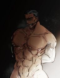 1boy bara bara_tiddies bara_tits black_hair bondage cum cum_on_body cum_on_lower_body ferrus_manus gag gagged imperium_of_man iron_hands male male_focus muscular muscular_male nipples primarch short_hair slicked_back_hair solo_male warhammer_(franchise) warhammer_40k 柒号垃圾桶