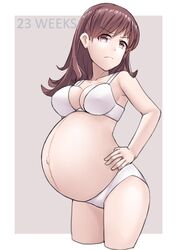 1girls annoyed big_belly bra brown_eyes brown_hair cleavage clothing cowboy_shot exposed_belly female female_only frown garylin hand_on_hip huge_belly kantai_collection long_hair looking_at_viewer matching_underwear ooi_(kantai_collection) outie_navel panties popped_navel pregnancy_progression pregnant ready_to_pop solo underwear_only upset white_bra white_panties