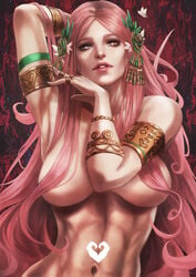 1girls abs aphrodite aphrodite_(hades) armband armlet armpits breast casual cleavage divine_slut female hades_(game) hair_covering_breasts hair_covering_nipples hair_ornament hair_over_breasts hand_behind_head hi_res jewelry large_breasts looking_at_viewer monorirogue navel nudist painting_(artwork) pink_eyes pink_hair pinup pose red_background ring solo solo_focus toned very_long_hair