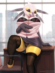 2021 aggressive_retsuko aggretsuko avian bra breasts clothing eyelashes feathers female hi_res highres nipples office_clothing office_lady panties pussy sanrio secretary_bird secretary_washimi skirt solo solo_female straight_hair thighhighs thousandfoldfeathers upskirt washimi