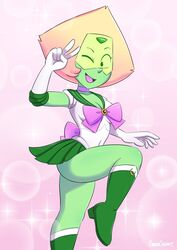 1girls alien alien_girl alien_humanoid bishoujo_senshi_sailor_moon blonde_hair cartoon_network choker cleavage clothing commission cosplay cubedcoconut cute female female_only gem_(species) gloves green_eyes green_skin green_skirt open_smile peridot_(steven_universe) pink_background pleated_skirt pose safe_for_work sailor_collar sailor_jupiter_(cosplay) sailor_senshi_uniform school_uniform schoolgirl skirt small_breasts solo solo_female steven_universe thighs v visor wink