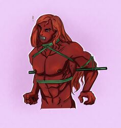 1boy arms_behind_back bara bara_tiddies bara_tits bondage bondage_gear duct_tape green_rope imperium_of_man long_hair long_hair_male magnus_the_red male male_focus muscular muscular_male nipple_piercing nipples primarch purple_eyes red_hair red_skin rope solo_male thousand_sons triolikart warhammer_(franchise) warhammer_40k