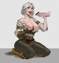 breast_grab breasts cd_projekt_red censored ciri green_eyes handjob hyung_(artist) kneeling nipples open_clothes open_mouth open_shirt penis scar tagme the_witcher_(series) the_witcher_3:_wild_hunt tongue tongue_out white_hair