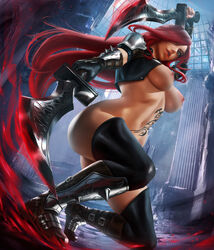 ally_loren armor assassin big_breasts female katarina_du_couteau league_of_legends legwear medium_breasts red_hair tattoo thighhighs