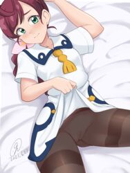 1girls 9rimson aged_up bed blush braided_hair chloe_(pokemon) eye_contact female green_eyes hair_ribbon innie_pussy long_hair looking_at_viewer nintendo on_bed pantyhose pokemon pokemon_(anime) pokemon_journeys pussy skirt skirt_lift thick_thighs thighs transparent_clothing