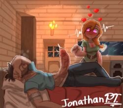 1boy 1boy1girl 1girls alex_(minecraft) blush creeper female heart heart-shaped_pupils horny horny_female jonathanpt laying_on_bed minecraft sleeping steve_(minecraft)