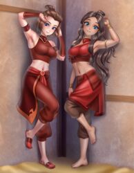 2girls against_wall alternate_costume armpits arms_up avatar_the_last_airbender chocolate_and_vanilla clothed clothing dark-skinned_female dark_skin earth_kingdom fire_nation_clothing human katara light-skinned_female light_skin long_hair medium_breasts nickelodeon public racoonkun short_hair smile suki water_tribe