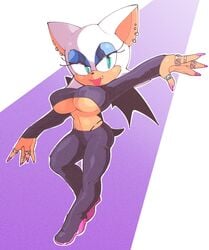 1girls alternate_costume bat_wings big_breasts ear_piercing inkerton-kun inkuusan jewelry piercing rouge_the_bat simple_background solo sonic_(series) underboob