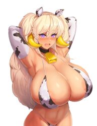 1girls 2021 ahoge animal_ears animal_print areola_slip areolae arms_behind_head bell blonde_hair breasts cow_ears cow_girl cow_print cowbell dark-skinned_female dark_elven_forest_ranger dark_elven_forest_ranger_(cowgirl_bikini) dark_skin ear_tag elbow_gloves eyebrows_visible_through_hair gloves highres horns huge_breasts last_origin long_hair murasaki_nami neck_bell nipple_bulge open_mouth purple_eyes smile solo suggestive_fluid twintails two_side_up