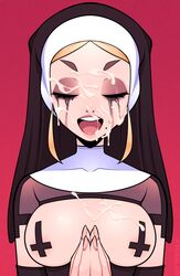 1girls blonde_hair breasts breasts_out closed_eyes covered_nipples cum cum_on_breasts cum_on_face eyeshadow female inverted_cross long_hair makeup mrsteak nun nun's_habit original praying ruined_makeup runny_makeup semen solo