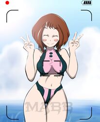 1girls closed_eyes mabb maghost my_hero_academia ochako_uraraka peace_sign photo picture picture_frame sea swimsuit thick_thighs wide_hips