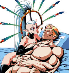 1boy bara_tits bed blonde_hair eldar female hand_on_breast hand_on_pecs heart heterosexual imperium_of_man laying_on_bed lewdanon long_hair male_focus muscular muscular_male playing_with_hair ponytail primarch roboute_guilliman sleeping straight ultramarines warhammer_(franchise) warhammer_40k white_hair wholesome yvraine