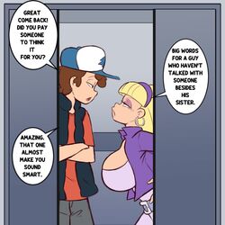 1boy 1girls banjabu blonde_hair breasts brown_eyes brown_hair cleavage dipper_pines disney disney_channel elevator english_text female funny gravity_falls green_eyes huge_breasts just_fuck_already male meme pacifica_northwest sexual_tension smooth_skin talking text text_bubble tsundere