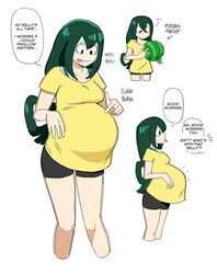 big_belly black_eyes breasts dr-worm female green_hair lewdlemage medium_breasts my_hero_academia ready_to_pop shirt tongue_out tsuyu_asui watermelon yellow_shirt