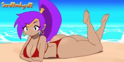 1girls alternate_version_available animated ass barefoot beach big_ass big_breasts breasts cleavage female female_only full_body huge_ass huge_breasts large_breasts looking_at_viewer on_front on_stomach ponytail purple_hair scruffmuhgruff shantae shantae_(character) smooth_skin solo solo_female