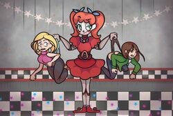 blonde_hair brown_hair charlie_emily circus_baby_(novel) five_nights_at_freddy's fnaf_novels jessica_(fnaf) lifting_person panties semidraws smirking underwear wedgie worried_expression