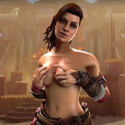 1girls armwear blood_on_face breast_grab call_of_duty call_of_duty_black_ops_4 call_of_duty_zombies flickytuts half-dressed looking_away red_hair scarlett_rhodes smile solo_female tattoo topless