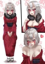 blue_eyes demon_girl demon_slayer facial_markings fangs female fur_collar horn horns kimetsu_no_yaiba kimono mukago obi oni platform_footwear red_eyes red_sclera rope shoes silver_hair solo white_hair