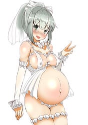 blush bridal_veil bride frills gloves grey_eyes grey_hair huge_belly kantai_collection lingerie looking_at_viewer matetsu_(nakayoshi_sanfujinka) medium_breasts negligee ponytail pregnant ready_to_pop sideboob smile v wedding_lingerie wedding_ring white_panties yuubari_(kantai_collection)