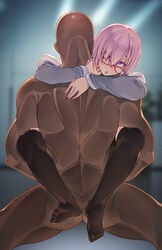 1boy 1girls arms_around_neck bald black_legwear blurry blurry_background cero320 clothed_female_nude_male dark-skinned_male dark_skin eyebrows_visible_through_hair fate/grand_order fate_(series) feet female from_behind glasses hair_between_eyes highres hug implied_sex interracial legs light_blush mash_kyrielight muscular_male no_shoes nude pantyhose parted_lips pink_hair purple_eyes rolling_eyes sex short_hair standing straight sweat torn_pantyhose upright_straddle