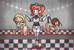 3girls blonde_hair brown_hair charlie_emily circus_baby_(novel) clown five_nights_at_freddy's fnaf_novels half_naked jessica_(fnaf) semidraws smirking underwear wedgie worried_expression