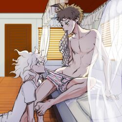 2boys bed bedroom before_sex blush color danganronpa danganronpa_2:_goodbye_despair gay hinata_hajime looking_at_another male male/male male_only nagito_komaeda on_bed smooth_skin suggestive_look underwear underwear_pull undressing wide_eyed yaoi yndr4hope