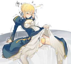 artoria_pendragon birth blonde_hair blush clothing fate/grand_order fate/stay_night fate_(series) female female_only green_eyes nitric_acid pregnant saber sitting skirt_lift solo tied_hair type-moon