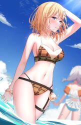 2girls artist_signature beach big_breasts blonde_hair blue_eyes clock female_focus gawr_gura hololive hololive_english hololive_myth keipup mirror_in_hair short_hair sun swimsuit syringe thick_thighs virtual_youtuber water watson_amelia