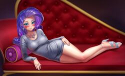 1girls clothed couch dress earrings fainting_couch female friendship_is_magic hand_on_hip hasbro high_heels human humanized jewelry lying lying_on_side my_little_pony necklace not_furry pose racoonkun rarity_(mlp) seductive smile straight_hair