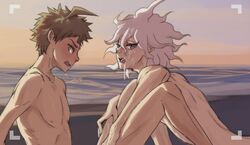 2boys beach brown_hair color cum cum_on_face danganronpa danganronpa_2:_goodbye_despair embarrassed flustered gay hinata_hajime licking_cum licking_lips male male/male male_only nagito_komaeda nude nude_male public public_sex recording straight_hair white_hair yaoi yndr4hope