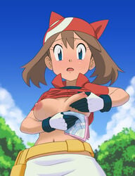 absurdres areolae bangs blue_eyes blush breast_lift breasts brown_hair clothes_lift cloud collared_shirt commentary_request day eyelashes fanny_pack female from_below game_freak gloves highres looking_at_viewer may_(pokemon) medium_hair miraa_(chikurin) navel nintendo nipples no_bra open_mouth outdoors pokemon pokemon_rse popped_collar raised_eyebrows red_bandana red_shirt shirt shirt_lift short_sleeves skirt sky solo sweat tongue underboob white_gloves white_skirt wiping_sweat yellow_bag