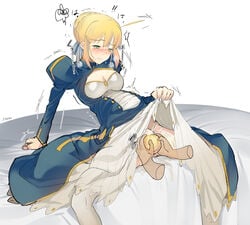 artoria_pendragon birth blonde_hair blush clothing disembodied_hands fate/grand_order fate/stay_night fate_(series) female female_only green_eyes nitric_acid pregnant saber sitting skirt_lift tied_hair type-moon