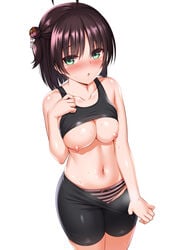 :o ahoge bangs bare_arms bike_shorts black_hair blush breast_squeeze breasts breasts_out cleavage collarbone eyebrows_visible_through_hair eyes_visible_through_hair female green_eyes hair_bun hair_ornament highres hitachi_mako looking_at_viewer medium_breasts midriff navel nipples nose_blush open_mouth panties senren_banka side_bun simple_background skindentation solo steaming_body striped striped_panties sweat underwear white_background yuzu-soft zirba