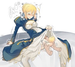 artoria_pendragon baby birth blonde_hair blush clothing disembodied_hands fate/grand_order fate/stay_night fate_(series) female female_only green_eyes nitric_acid pregnant saber sitting skirt_lift tied_hair type-moon