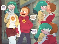 1boy 1boy1girl 1girls brown_hair canon_couple clothed english_text female hearts holding_hands hoodie hugging kiss_mark kissing light_blue_skin light_skin lipstick mahmapuu male morty_smith pants planetina rick_and_morty romantic romantic_couple shirt shorts straight text turquoise_hair wholesome