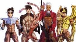 4boys archer_(fate) armor asian asian_male balls bar_censor black_hair bow brown_eyes catrasche censored circumcised clothed erect_penis erection fate_(series) fight_boner jacket_on_shoulders light-skinned_male light_skin male_nipples male_only monochrome_background muscles muscular muscular_male navel nipples partially_clothed pegasus_seiya penis pubes pubic_hair retracted_foreskin sagittarius_aiolos saint_seiya semi-erect shirt_lift shirt_pulled_up shirt_up tan_skin tanned_male uncircumcised veiny_muscles veiny_penis white_background white_hair yaoi