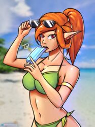 archer bikini blue_popsicle brawlhalla elf elf_ears elf_female ember_(brawlhalla) glasses green_bikini ice_cream looking_at_viewer looking_back orange_hair pointy_ears popsicle red_eyes smiling sunglasses_on_head tekona