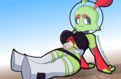 alien balloon big_breasts black_sclera breasts gloves green_skin leotard paizuri paizuri_under_clothes red_skin sitting smug sploot_(unknownspy) stockings unknownspy white_eyes