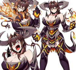 2021 angry armor bare_shoulders big_breasts breasts brown_hair cleavage horns huge_breasts monster_girl original original_character red_eyes suzusiigasuki tail