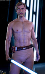 1boy 3d 3d_(artwork) abs actor artist_name auburn_hair beard belt blue_eyes blue_lightsaber bulge celebrity clothed clothing erect_nipples erection erection_under_clothes ewan_mcgregor going_commando hairy hairy_chest half-closed_eyes holding_sword holding_weapon in_character indoors light-skinned_male light_skin lightsaber male male_only melee_weapon obi-wan_kenobi pants pecs penis penis_shaped_bulge penis_under_clothes revenge_of_the_sith shirtless shirtless_(male) short_hair solo solo_male star_wars sthenhx sword topless topless_male vpl weapon white_male white_skin