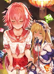 2boys astolfo_(fate) bare_shoulders blonde_hair blush chevalier_d'eon_(fate) closed_eyes crossdressing erection erection_under_clothes fate/grand_order fate_(series) femboy flower green_eyes hair_flower hair_ornament hairband heart heart-shaped_pupils highres leash male_focus midriff mouth_hold multicolored_hair multiple_boys navel pink_hair skirt sweat symbol-shaped_pupils thighhighs tokopi trap two-tone_hair white_hair