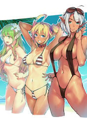 3girls absurdres ahoge armpits arms_behind_head arms_up bikini black_bikini blonde_hair breasts collar cropped_legs dark-skinned_female dark_elf dark_skin elf eyewear_on_head flower green_eyes green_hair grin hair_flower hair_ornament halter_top halterneck hand_on_hip highres large_breasts looking_at_viewer medium_breasts multiple_girls navel one-piece_tan original outline pointy_ears purple_eyes short_hair side-tie_bikini sketch slingshot_swimsuit smile strap_gap strap_pull striped striped_bikini sunglasses swimsuit tan tanline twinpoo twintails white_bikini white_hair yellow_eyes